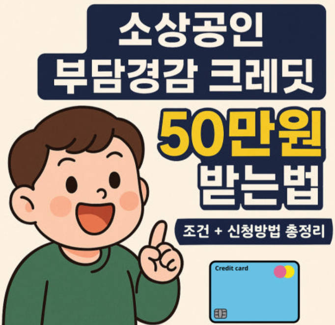 BC카드 부담경감 크레딧 50만원 받는 방법 안내 – 조건과 신청방법을 손쉽게 설명한 인포그래픽 썸네일, 귀여운 남자 캐릭터와 카드 일러스트 포함